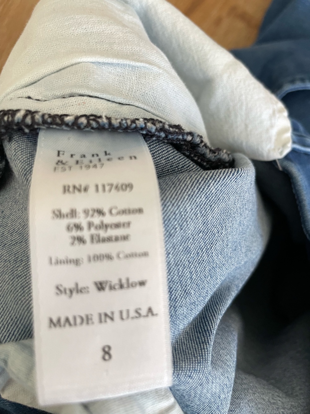 Frank & Eileen Wicklow The Italian Chino Blue Denim Size 8 Made USA - Picture 8 of 11